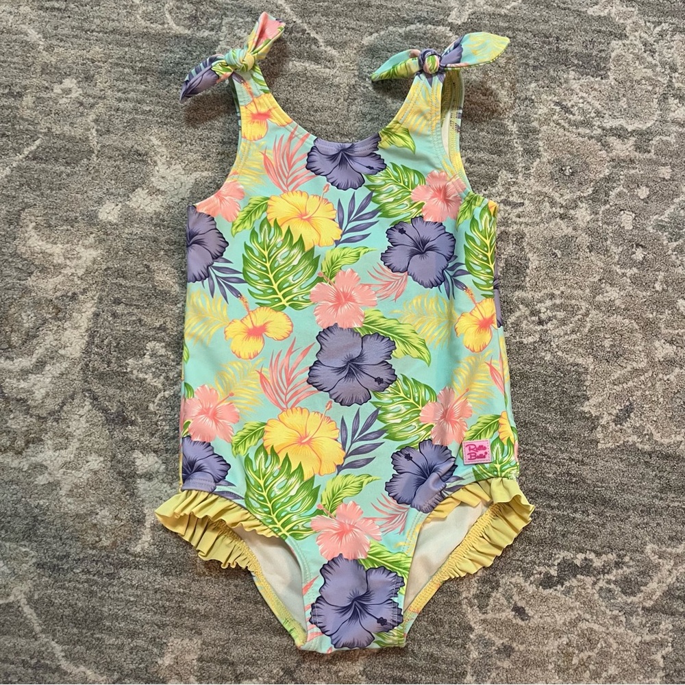 Ruffle Butts Aloha Blossoms Tie Shoulder One Piece Swimsuit w/ Ruffle Details 4T